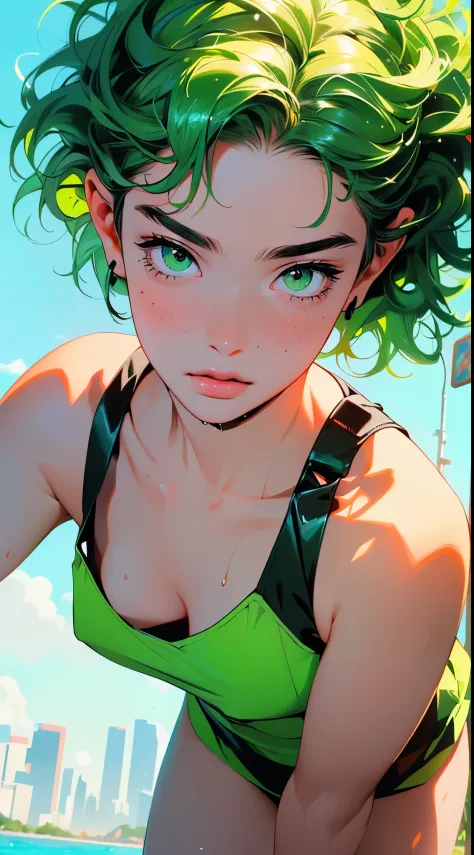 girl youtuber,(((1girl))),((extremely cute and beautiful green curly-haired girl)),

(short breasts:1.4),big butt,(((green curly...