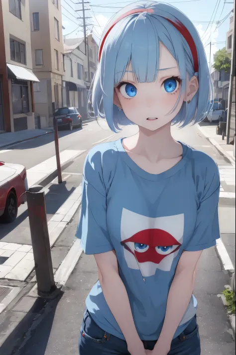 1girl, pale skin color, bob haircut, light blue hair, blue eyes, red Headband, wearing red t-shirt, wearing blue jean, scared, birds eye view, 4K, best quality
