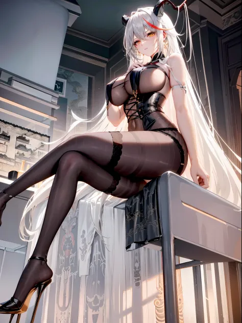 （Colossal tits：1.5）,nurse woman，，黑色long whitr hair，lace hose，no shoe,Full body like，(Best quality at best, tmasterpiece: 1.1), (lace hose: 1.4), 1 girl, The entire body of the machine, long whitr hair, The interior of a classical castle, black corset, mess...
