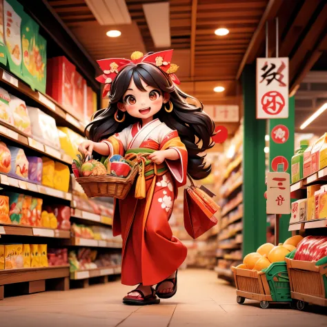 A girl wearing a shrine maiden costume is having fun shopping at the supermarket.
