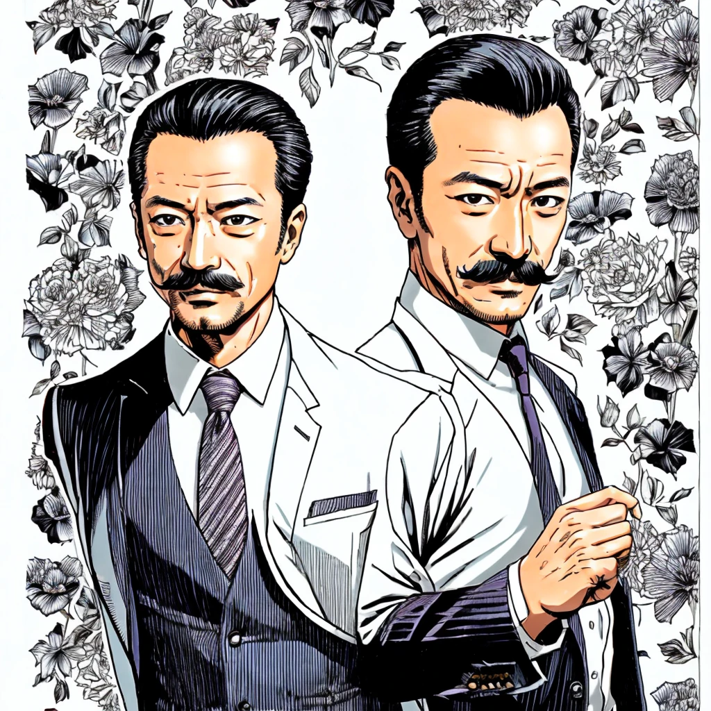 50 years old，Hidetoshi Nakata ，（Kogoro Mouri 1.3), drawing picture, tong, mustache, studio, comic, super details, wallpaper quality picture, high quality picture, masterpiece, 4k hd, 8k hd, 16k hd