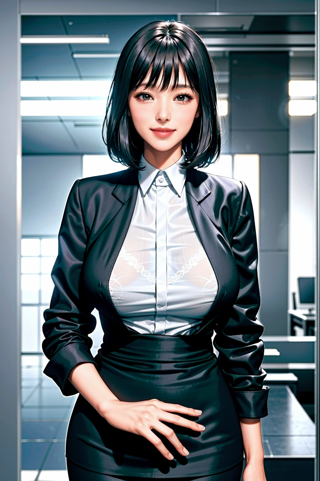 (modern office indoors), 1lady, solo, mature female, (black medium hair), bangs, (suit), (jacket), open jacket, (pencil_skirt), (black pantyhorse), ((id card)), blush kind smile, (masterpiece best quality:1.2), delicate illustrations, high resolution, super detail, (huge breasts:1.1), ((bra visible through clothes)), (white shirt), black bra