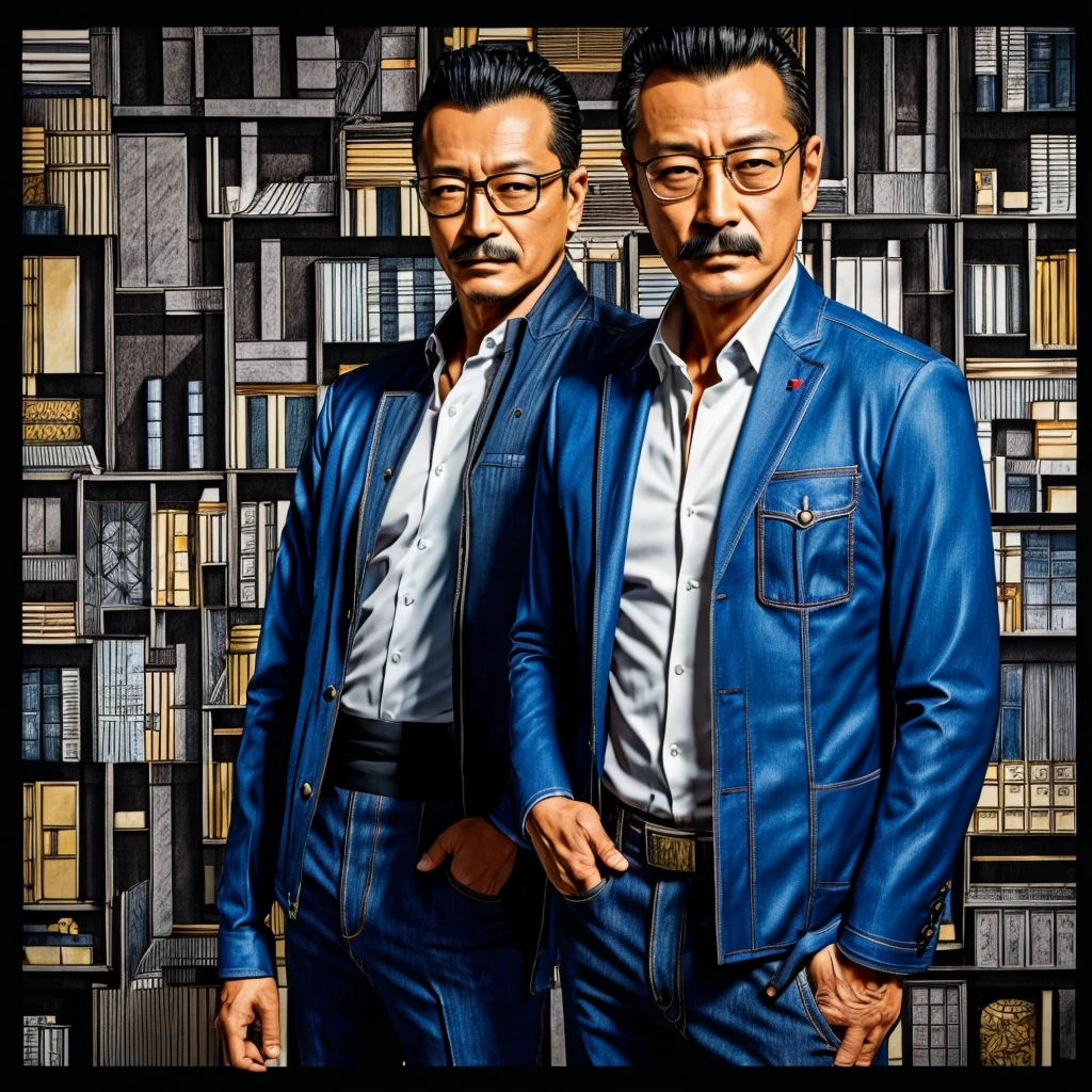 50 years old，Hidetoshi Nakata ，（Kogoro Mouri 1.3), drawing picture, tong, mustache, wearing jacket and jeans, studio, comic, super details, wallpaper quality picture, high quality picture, masterpiece, 4k hd, 8k hd, 16k hd