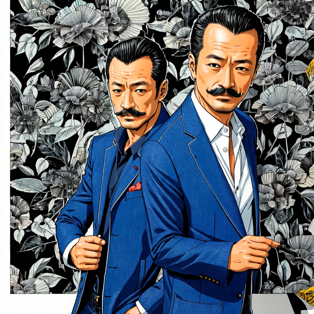 50 years old，Hidetoshi Nakata ，（Kogoro Mouri 1.3), drawing picture, tong, mustache, wearing jacket and jeans, studio, comic, super details, wallpaper quality picture, high quality picture, masterpiece, 4k hd, 8k hd, 16k hd