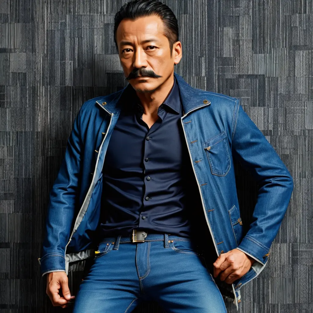 50 years old，Hidetoshi Nakata ，（Kogoro Mouri 1.3), drawing picture, tong, mustache, wearing jacket and jeans, studio, comic, sup...