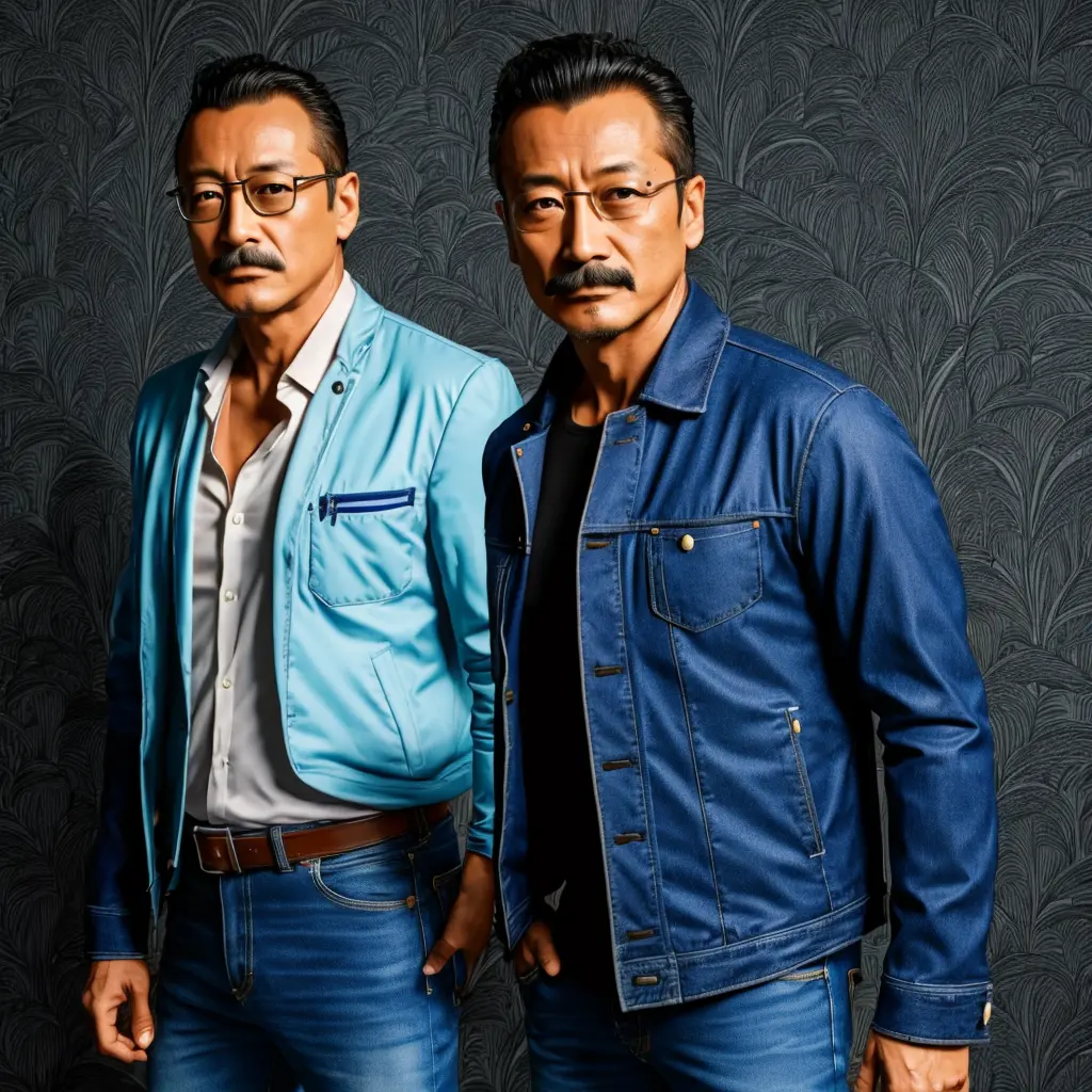 50 years old，Hidetoshi Nakata ，（Kogoro Mouri 1.3), drawing picture, tong, mustache, wearing jacket and jeans, studio, comic, sup...