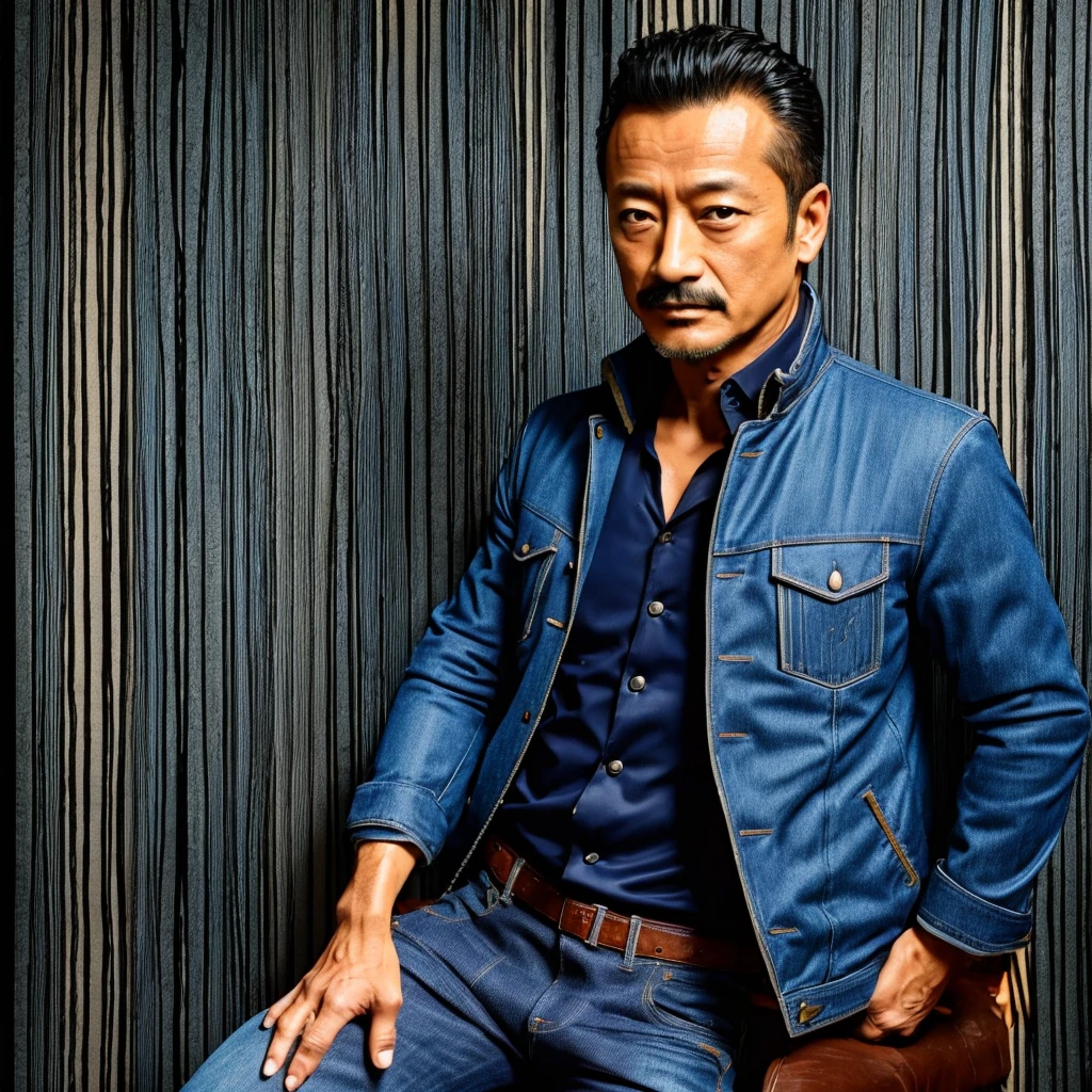 50 years old，Hidetoshi Nakata ，（Kogoro Mouri 1.3), drawing picture, tong, mustache, wearing jacket and jeans, studio, comic, super details, wallpaper quality picture, high quality picture, masterpiece, 4k hd, 8k hd, 16k hd