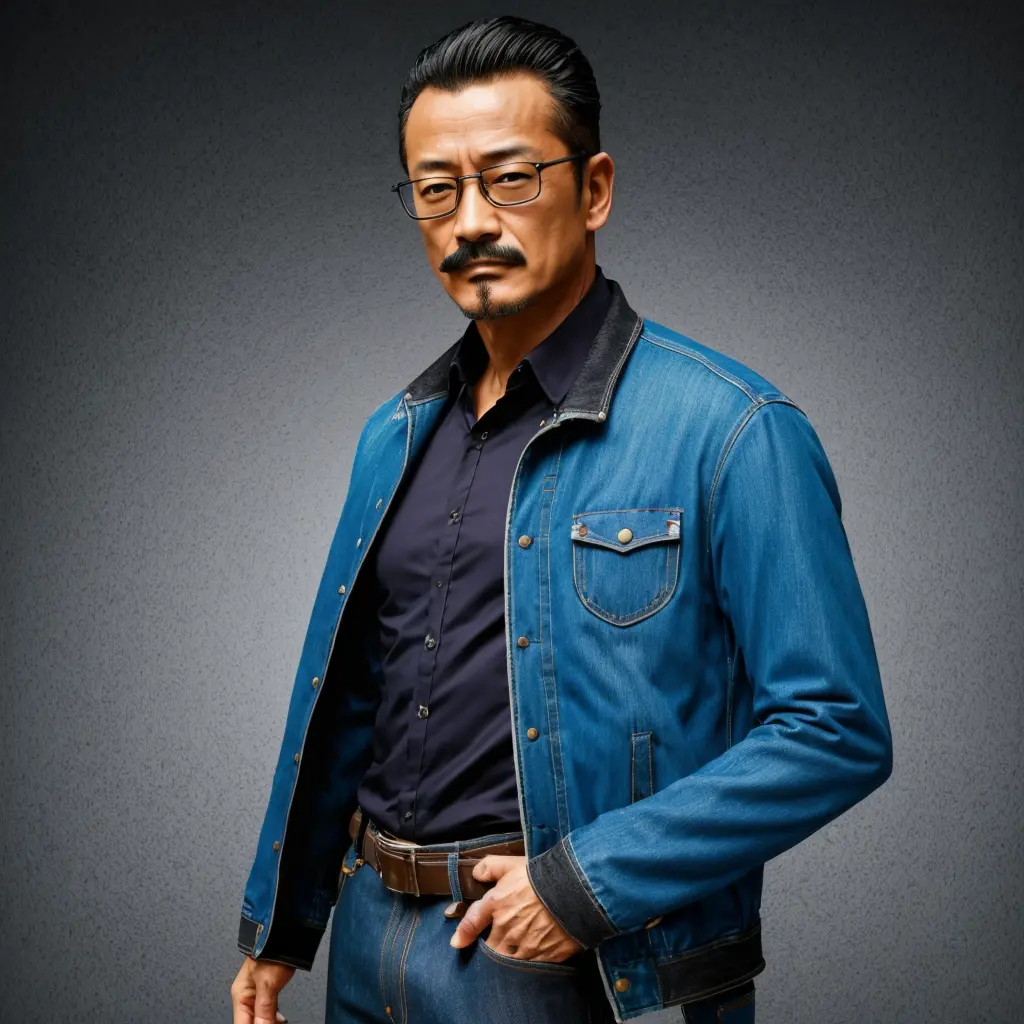 50 years old，hidetoshi nakata ，（kogoro mouri 1.3), drawing picture, tong, mustache, wearing jacket and jeans, studio, comic, sup...