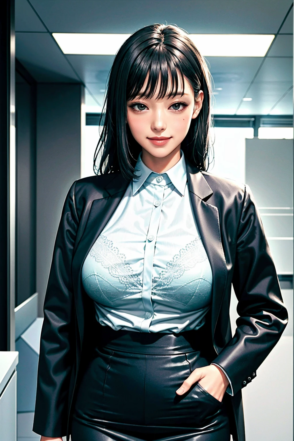 (modern office indoors), 1lady, solo, mature female, (black medium hair), bangs, (suit), (jacket), open jacket, (pencil_skirt), (black pantyhorse), ((id card)), blush kind smile, (masterpiece best quality:1.2), delicate illustrations, high resolution, super detail, (huge breasts:1.1), ((bra visible through clothes)), (white shirt), black bra