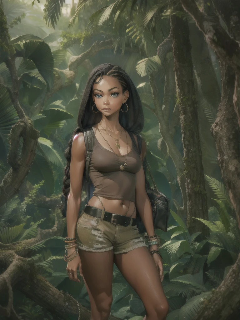 A woman (25 years old, hazel eyes, trendy makeup); from the Dominican Republic is standing in a jungle. She has long, braided hair and wears a backpack. She has small breasts and wide hips. She's wearing Dora the Explorer clothing, but it's more adult-like and exotic. She looks like a combination of Zoe Saldana, Dania Ramirez, and Julissa Bermudez. The photo should look like a painting and be in HD, 8k, and cinematic, highly detailed, top view.