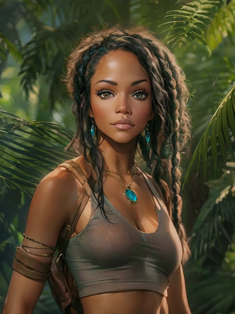 A woman (25 years old, hazel eyes, trendy makeup); from the Dominican Republic is standing in a jungle. She has long, braided hair and wears a backpack. She has small breasts and wide hips. She's wearing Dora the Explorer clothing (capri shorts, white top with a fist symbol), but it's more adult-like and exotic. She looks like a combination of Zoe Saldana, Dania Ramirez, and Julissa Bermudez. The photo should look like a painting and be in HD, 8k, and cinematic, highly detailed, top view.