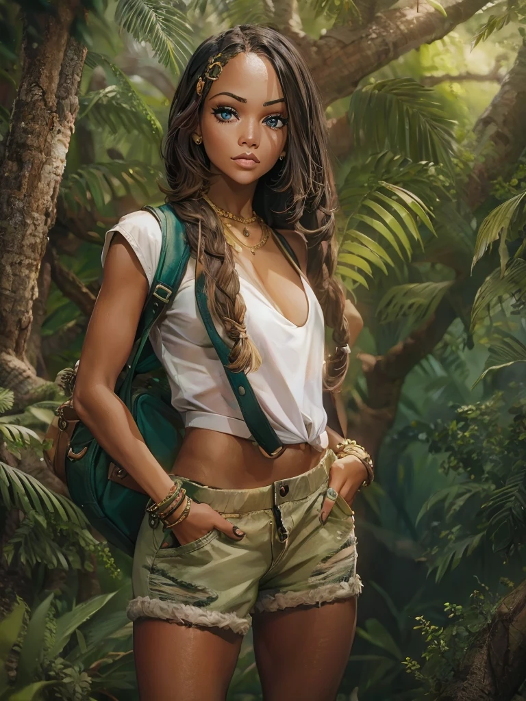 девушка (25 лет, карие глаза, Модный макияж); из Доминиканской Республики стоит в джунглях. Она уже давно, заплетает волосы и носит рюкзак. У нее маленькая грудь и широкие бедра. На ней одежда Доры-исследовательницы. (капри шорты, белый верх с символом кулака), но это более по-взрослому и экзотично. Она похожа на Зои Салдану., Дания Рамирес, и Джулисса Бермудес. Фотография должна выглядеть как картина и быть в формате HD., 8К, и кинематографический, очень подробный, вид сверху.