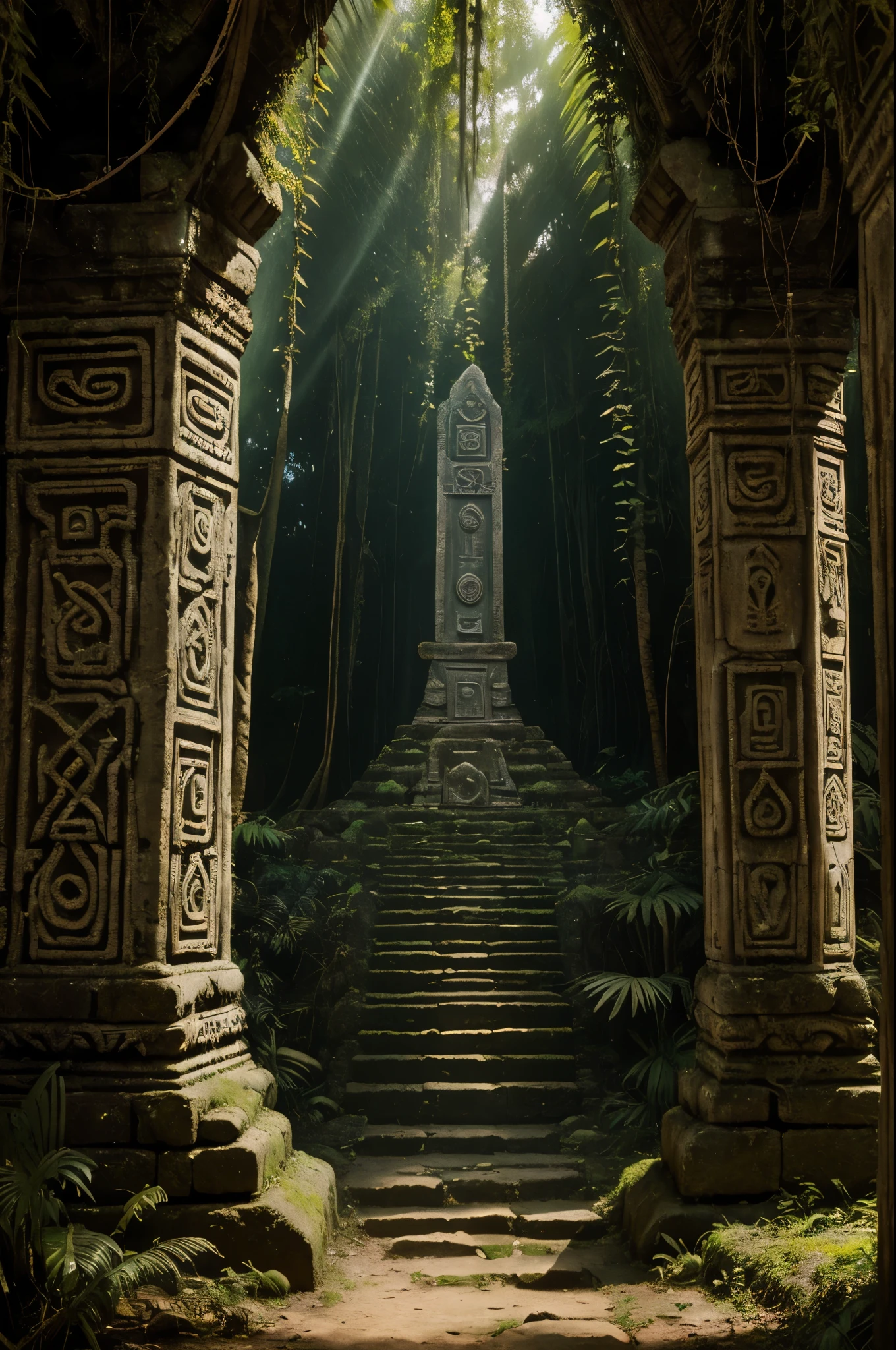 (mysterious ancient relics,ancient,relics,ancient artifacts),(jungle,overgrown,thick foliage),(mysterious symbol,painted on the wall),(mysterious atmosphere,ancient vibes,dark and mysterious),(best quality,highres),(detailed,cracked wall,weathered ancient relics),(glowing,illuminated by sunlight filtering through the dense jungle),(mysterious aura,unearthly energy),(hidden treasures,ancient secrets),(aged,ancient civilization),(moss-covered,ancient stones),(unexplored,uncharted territory),(mysterious glyphs,ancient writing),(mystical,powerful aura),(golden,treasured artifacts),(ancient artifacts,rich history),(forgotten,lost civilization),(dense foliage,thick vegetation),(undiscovered,hidden away),(ancient ruins,mysterious ruins),(mysterious whispers,in the air),(ancient knowledge,hidden wisdom),(spiritual,ancient rituals),(mysterious relics,ancient mystery),(intricate carvings,ancient symbols),(lost in time,mysteries of the past),(forgotten legends,unsolved puzzles),(timeless beauty,ancient craftsmanship),(vibrant colors,contrasting with the age),(sunlight breaking through,creating a magical atmosphere),(unknown origin,mysterious origins),(peaceful serenity,tranquil nature),(ancient culture,rich heritage),(quiet solitude,in the midst of nature),(enchanted,otherworldly),(ancient guardians,protecting the relics),(faint whispers,echoing through the jungle),(ancient powers,unveiling their secrets),(eternal mysteries,timeless enchantment)