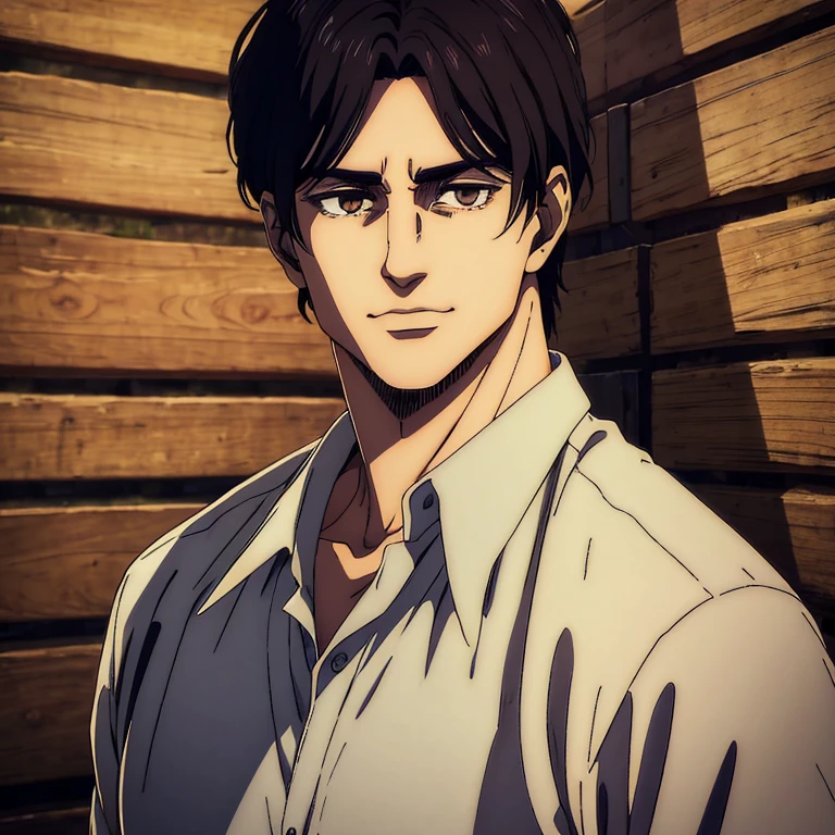 A male character with brown eyes and  with black medium  hair in the Mappa art style. He is depicted in a grey shirt, showcasing a sharp jawline.He is also wearing blue shirt. He is also fair. He is also smiling a little. Behind him a small cabin. The artwork should have the best quality, with ultra-detailed and realistic features. The color palette should be vivid, and the lighting should emphasize the character's facial structure and expression.