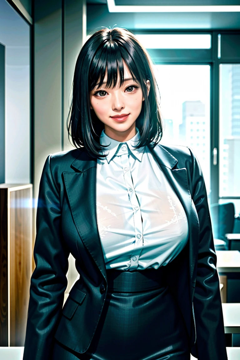 (modern office indoors), 1lady, solo, mature female, (black medium hair), bangs, (suit), (jacket), open jacket, (pencil_skirt), (black pantyhorse), ((id card)), blush kind smile, (masterpiece best quality:1.2), delicate illustrations, high resolution, super detail, (huge breasts:1.1), ((bra visible through clothes)), (white shirt), black bra