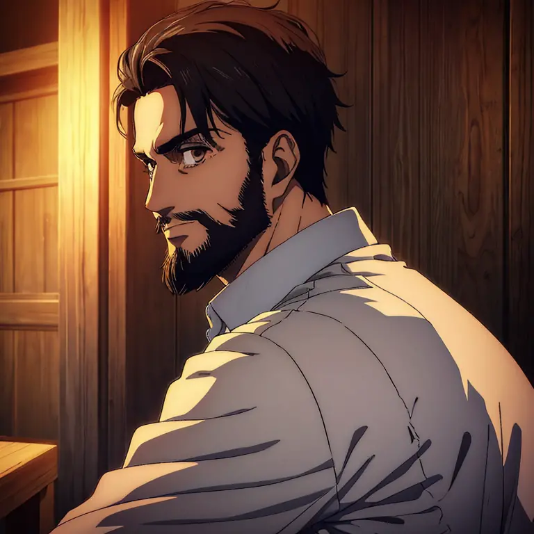 A male character with brown eyes and  with black medium  hair in the Mappa art style. He is depicted in a grey shirt, showcasing...