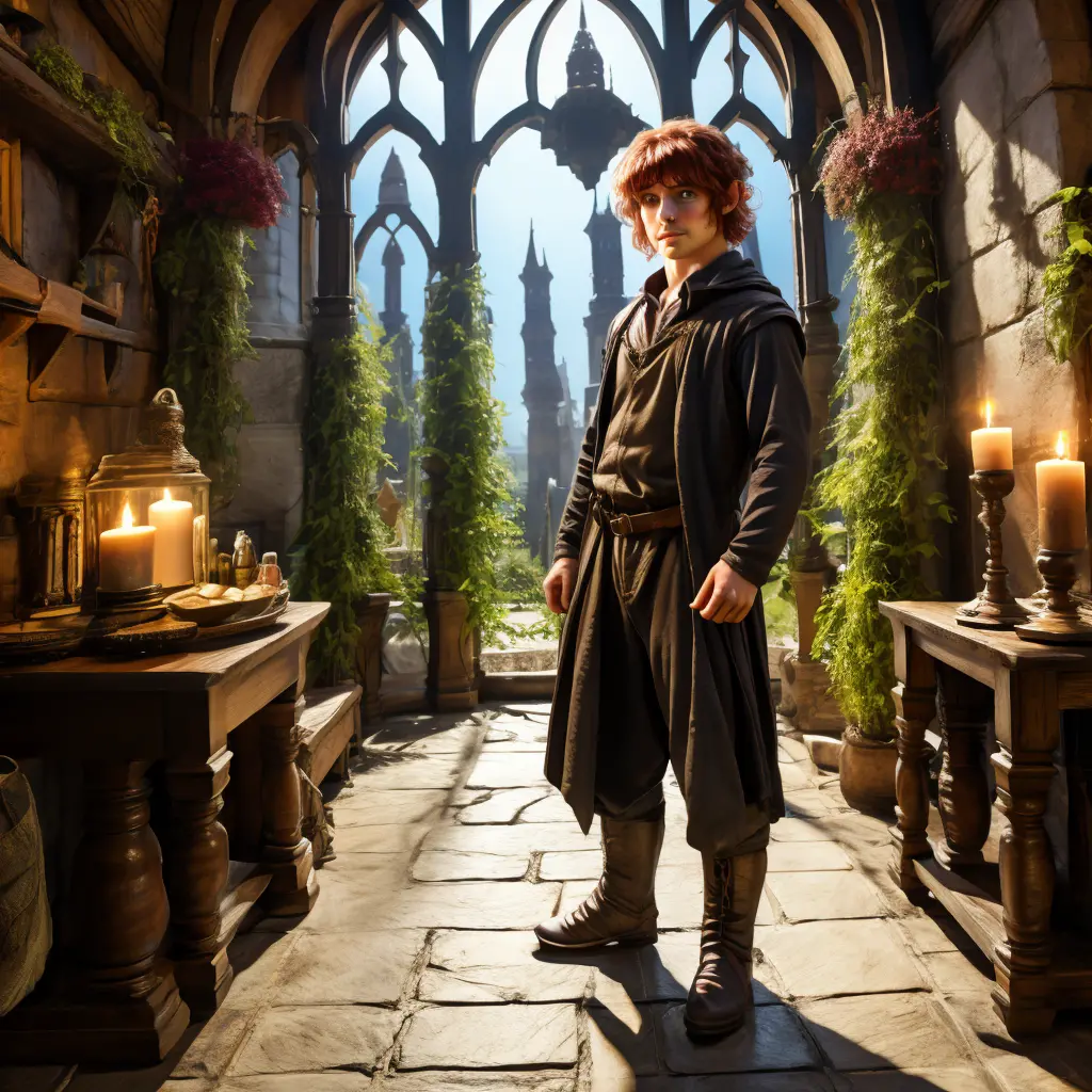 A short male hobbit, with "short red hair", "dark medieval merchants outfit ", "green eyes", wearing a , full body pose, casting...