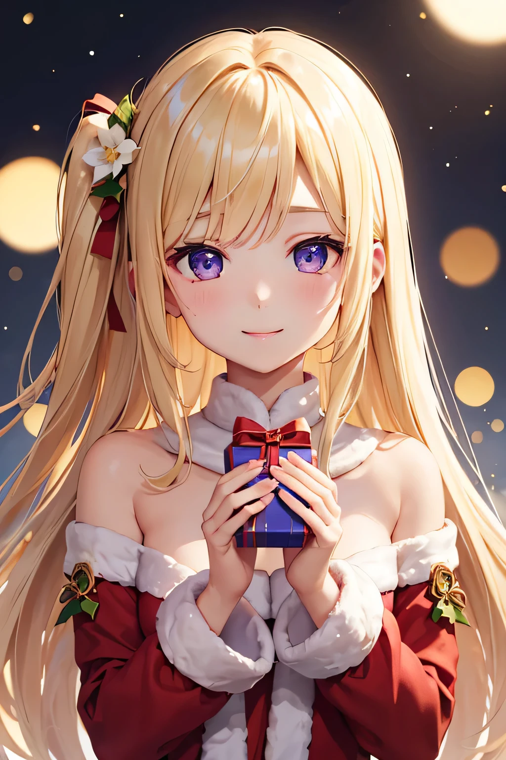 Anime girl with long blonde hair holding a present in her hands - SeaArt AI