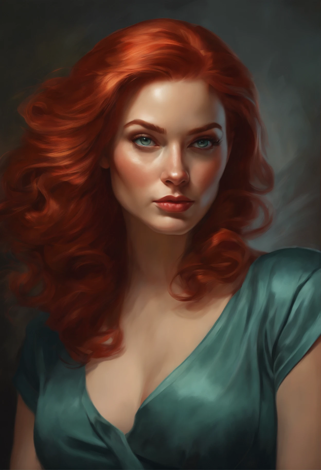 a close up of a Woman with red hair and a blue shirt, gray-green eye ...