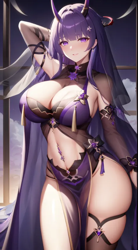 tmasterpiece,Best quality,extremely detaild的 CG unified 8k wallpapers, tmasterpiece, Best quality, CG, optics , raiden mei(Honkai III),detail processing,{ Purple-eyed }, Gorgeous Hair in Long Purple,{ virtuous,A mature woman}, humongous large breast,Intima...