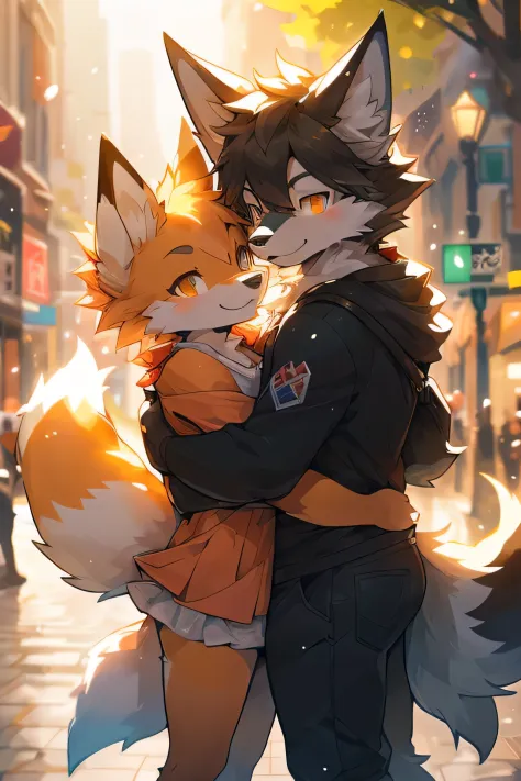 duo, male wolf, male fox, anthro, playful, furry, smiling, happy, urban, dynamic lighting, illustration, beautiful, particles (h...