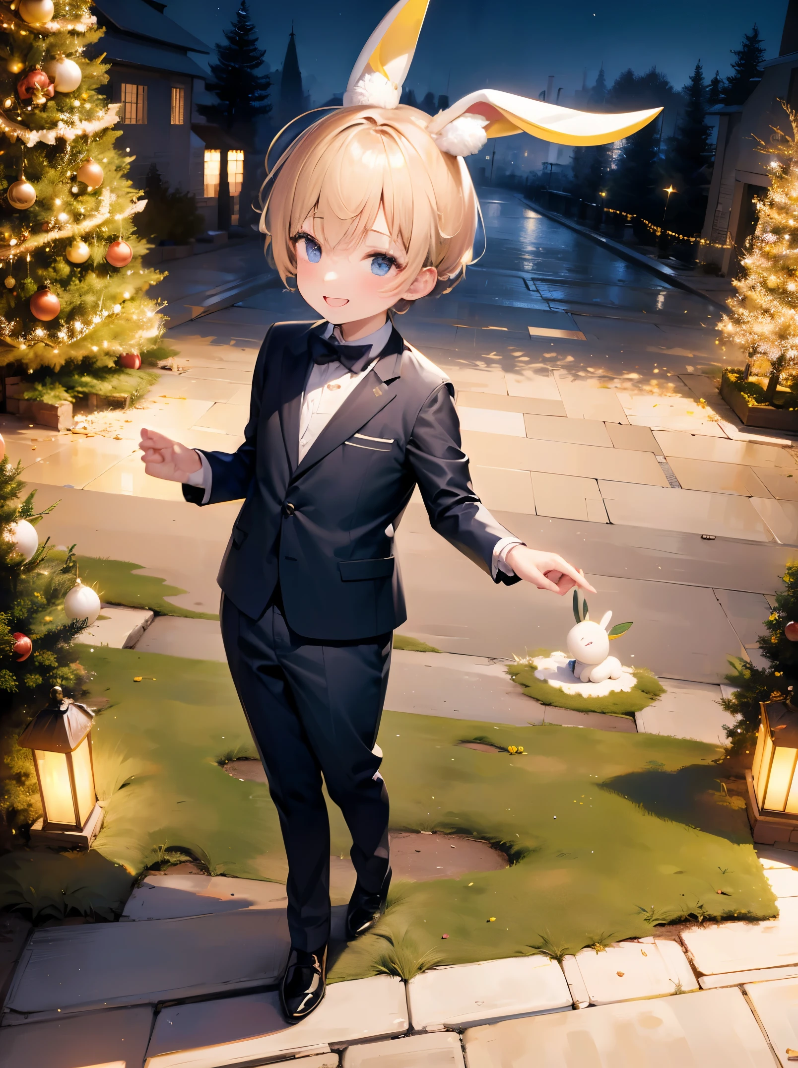 Kindergarten boy,Longhaire， Background with（In the street）flashy illumination，Huge Christmas tree with flashy lights， Bunny suit，It's cool, ​masterpiece, from side, a smile,