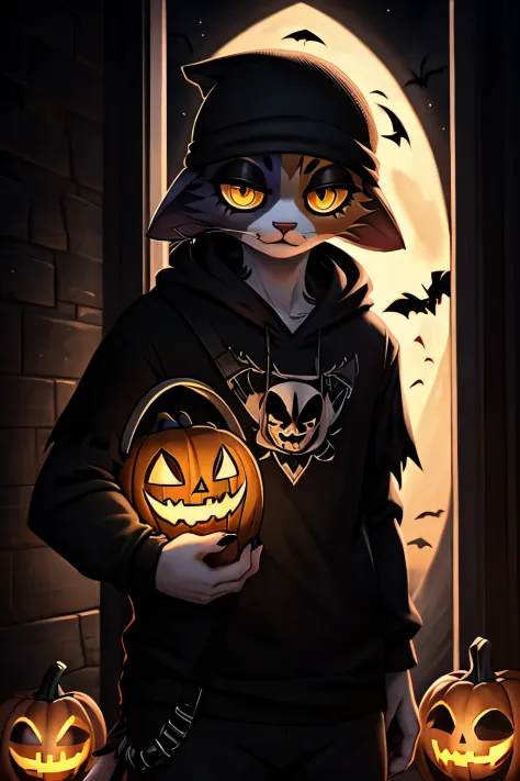trick-or-treater, mobians, darkness, ambient, intricate detail, refined detail, High resolution, candy, meow skulls, beanie, yellow eyes