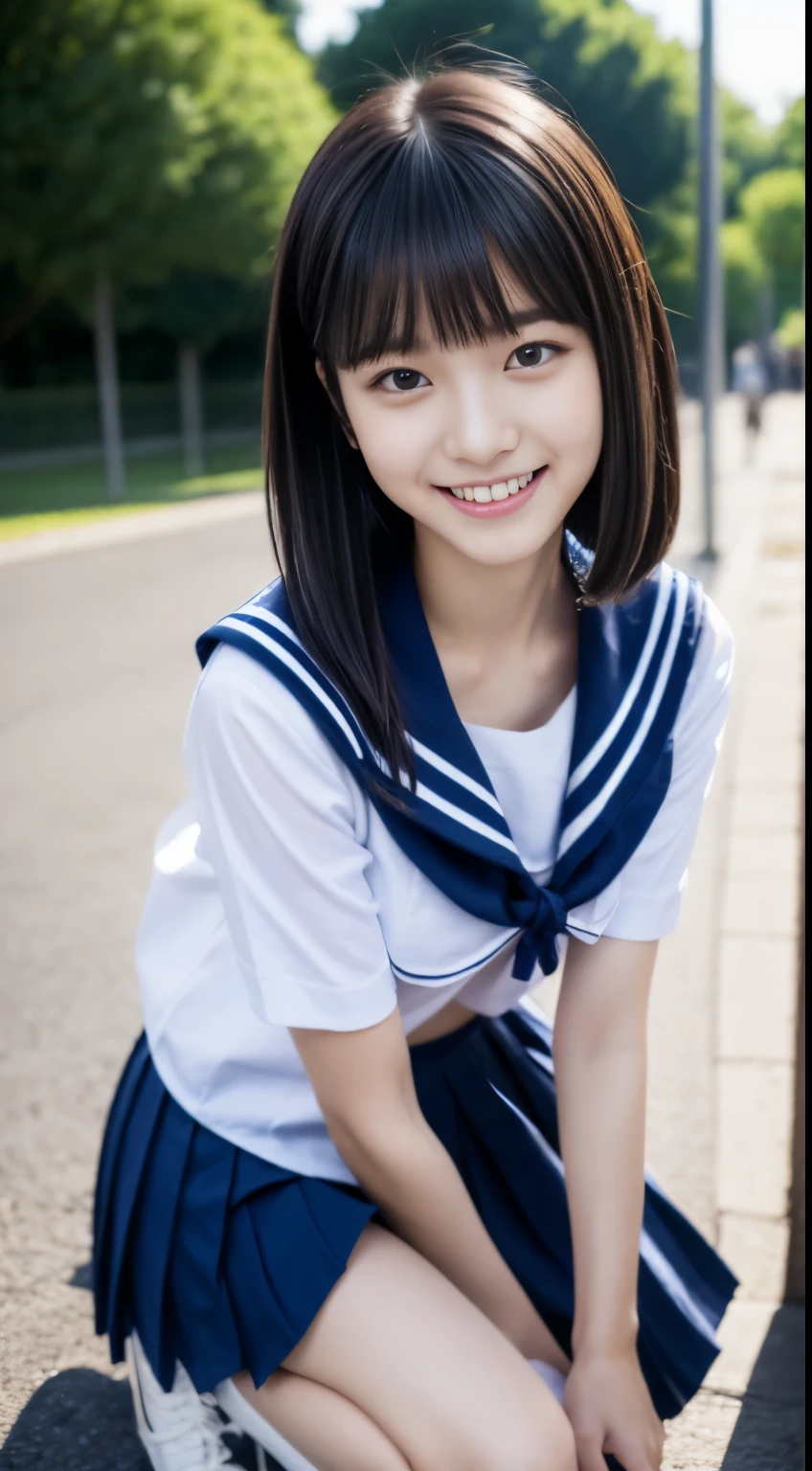 Close up of woman posing for photo,  japanese model model, 16-year-old female model,  4K、bangss、A dark-haired、bobhair、Middle hair、Straight hair、(white  shirt, Sailor School Uniform, Dark blue pleated skirt:1.2),　(Super cute face in idol style:1.2)、full body Esbian:1.５、slim and beautiful figure、beutiful breast、A smile、full body Esbian:1.5、The background is an empty park、Beautiful legs、sexy  pose、Erotic Poses、white sock、White sneakers、Dancing:1.２,