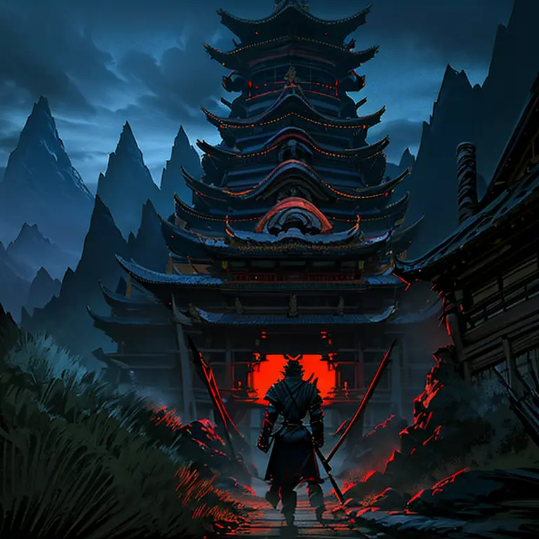 samurai walking through battlefield, (dramatic lighting), evil japanese temple on background, night time, red moon, bear with ar...