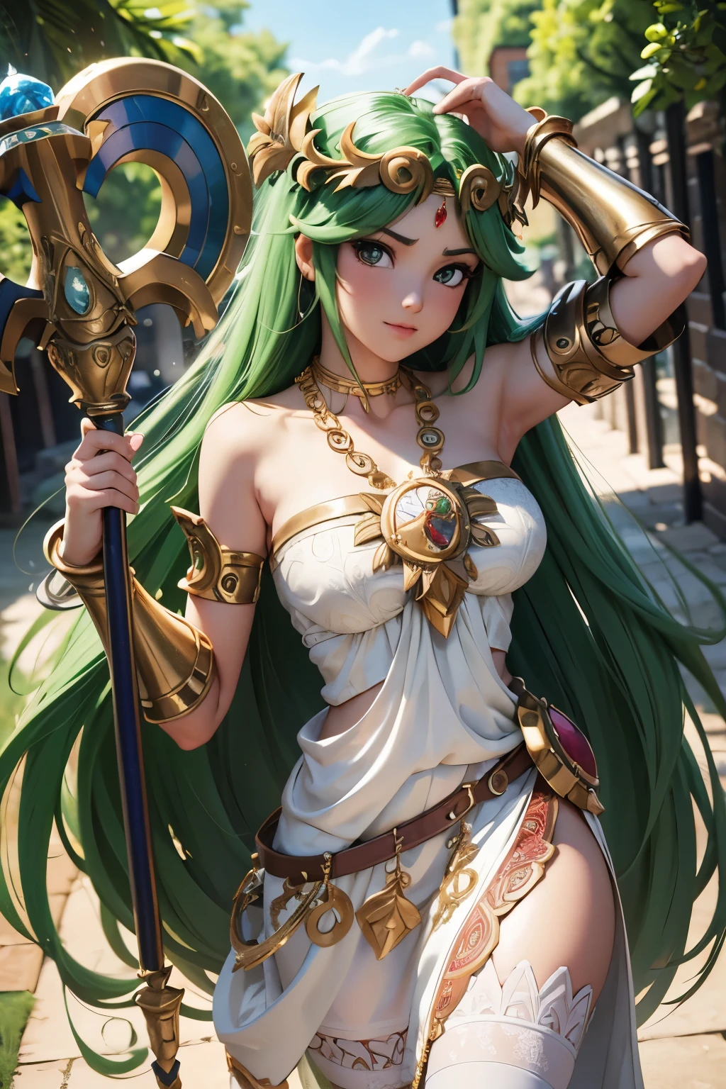 masterpiece, best quality, highres, hmpa1, palutena, parted bangs, tiara, large breasts, necklace, bare shoulders, strapless dress, vambraces, belt, white dress, white thighhighs, single thighhigh, outdoors, holding staff, staff, shield,