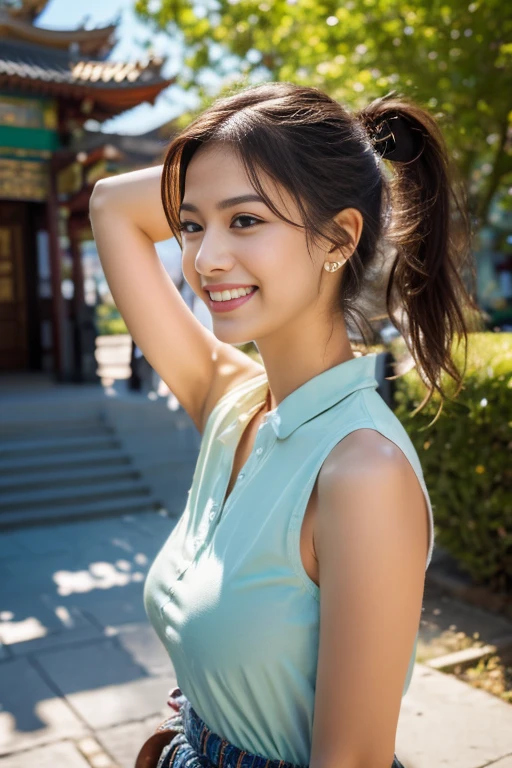 Detailed image of a girl, Brown hair pulled back in a bun in a tousled aesthetic ponytail, sharp and seductive green eyes, Beautiful face, smiling, full lips, foxy ears and tail, with earrings, large breasts, blushing eyeshadow, long thick eyelashes, loose shirt down to buttocks, dental floss, small waist, wide hips, large round buttocks, beautiful thick bare thighs, showing and sprouting buttock, view from below, shallow depth of field, volumetric lighting, Shadow Enhancement, Detailed temple landscape, Shoulder blades (Higher quality, Amazing details: 1. 25), (only: 1.3), Bright colorful paintings.