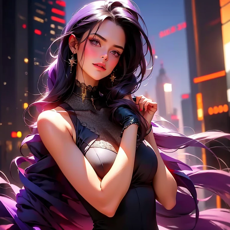 (masterpiece, best quality),1girl with long purple-black hair standing on the edge of a sky scraper, swedish face with sharp features, her hand under her chin, warm lighting, gothic revealingdress, blurry foreground, glowing purple eyes, golden-tan skin