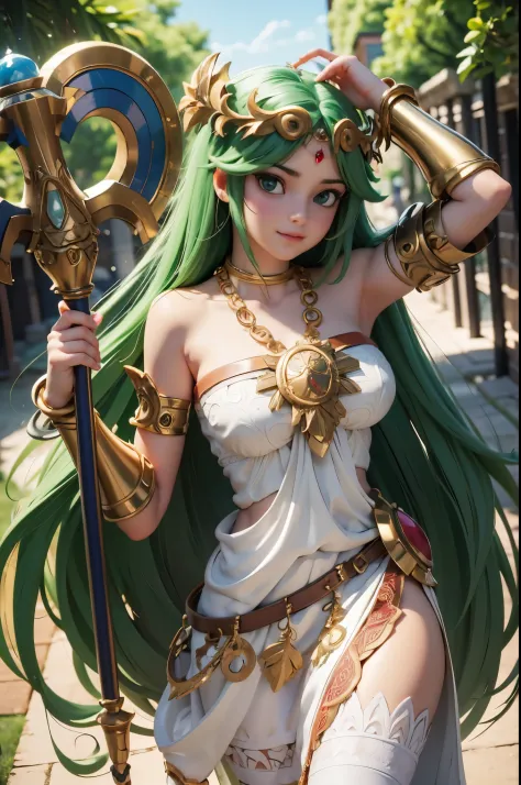 masterpiece, best quality, highres, hmpa1, palutena, parted bangs, tiara, large breasts, necklace, bare shoulders, strapless dre...