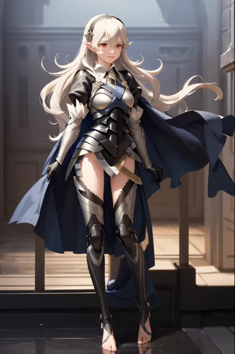masterpiece, best quality, defCorrin, black hairband, armored dress, blue cape, puffy sleeves, juliet sleeves, vambraces, black gloves, armored legwear, upper body, looking at viewer, castle, gothic architecture, smile, sky, clouds, hands to heart, full bo...