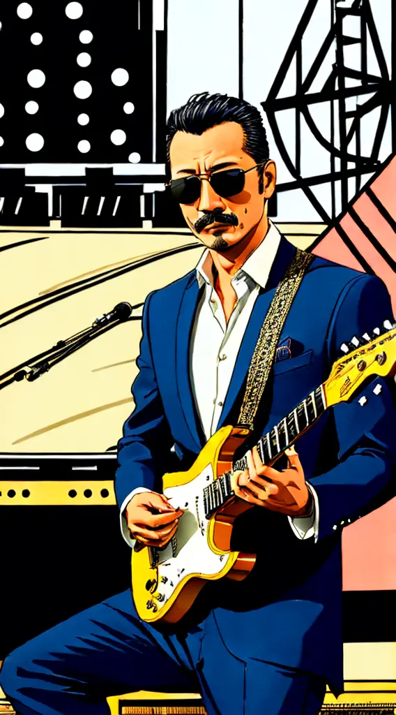 50 years old，Hidetoshi Nakata ，（Kogoro Mouri 1.3),Drawing of A man playing guitar, tong, mustache，little beard, ray ban sunglass...