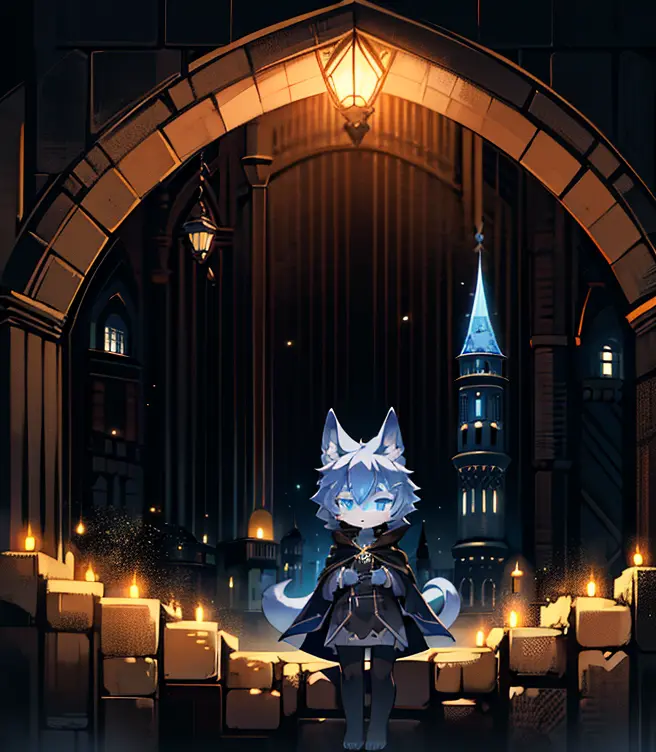 wizard gray cat boy alone in ancient castle，in the middle of the night，the environment is dim,with hood and cape，dressed in blac...