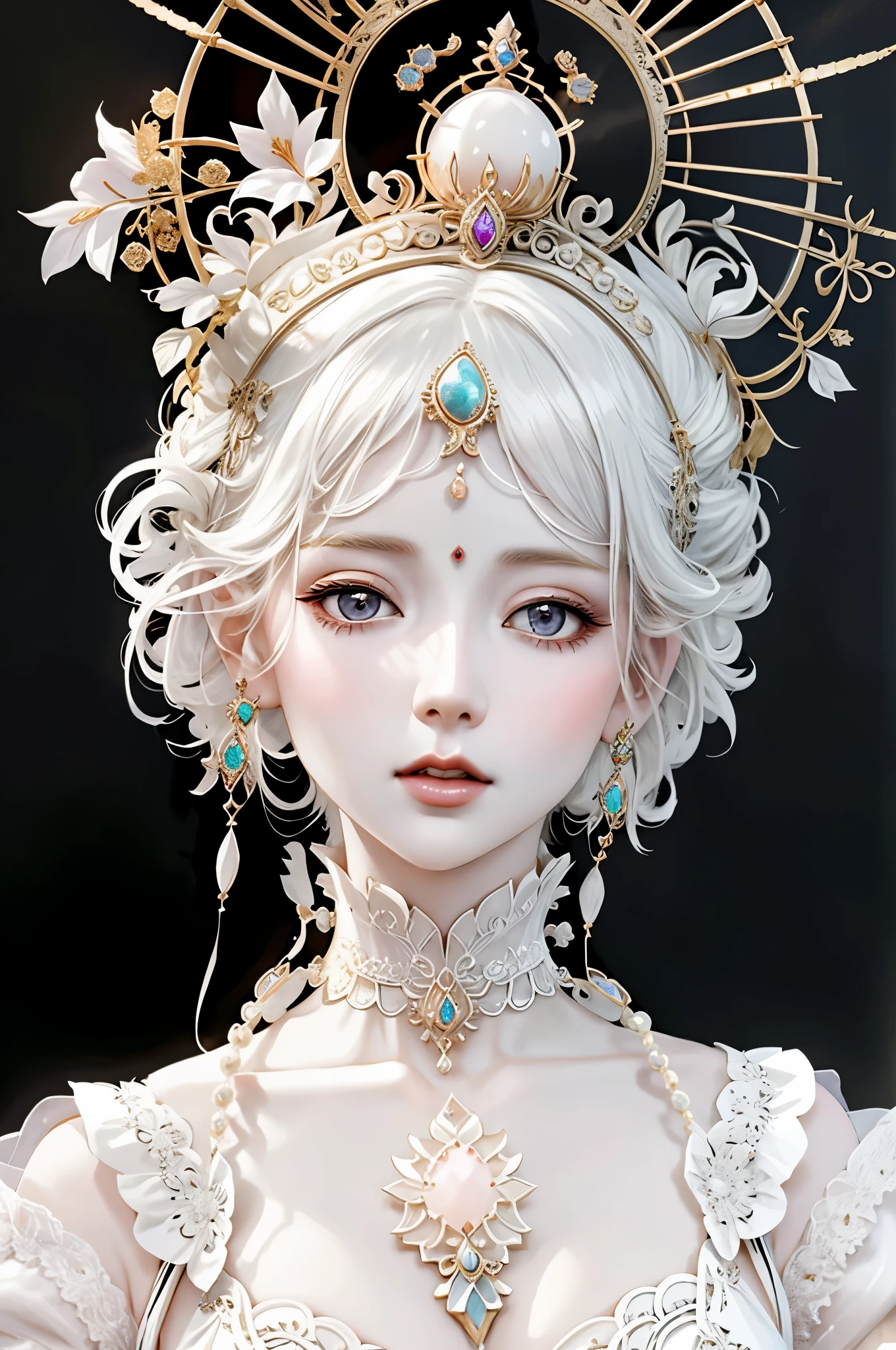 Close-up of woman wearing diya and pearls on head, porcelain white skin, pale porcelain white skin, White skin of the, pale milky white porcelain skin, porcelain white face, ((beautiful fantasy empress)), guweiz, A masterpiece by Guwitz, beautiful fantasy empress, ball jointed doll, Guviz-style artwork