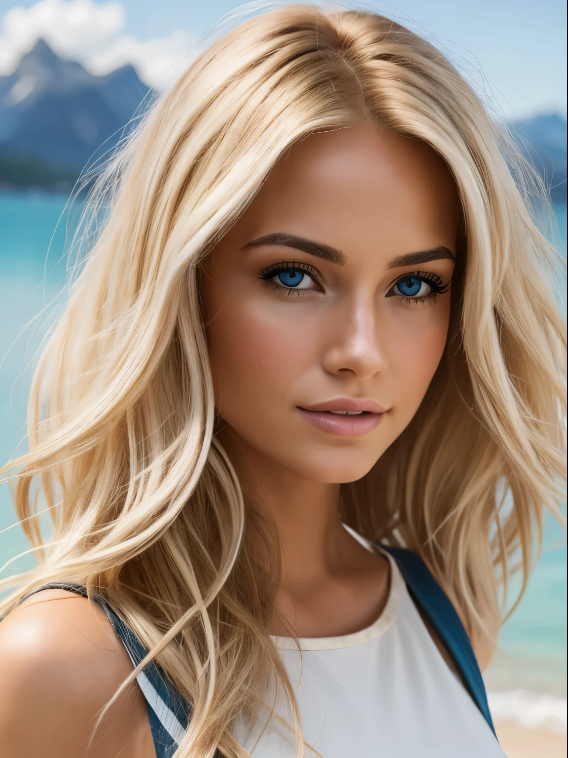 Photorealistic of a insanely beautiful woman with blonde windy messy hair, in the style of panasonic lumix s pro 50mm f/1.4, light beige and dark azure, celebrity images mashups, soft realism, barbiecore, unreal engine 5, 32k uhd, luminous quality, swiss realism, niji 5