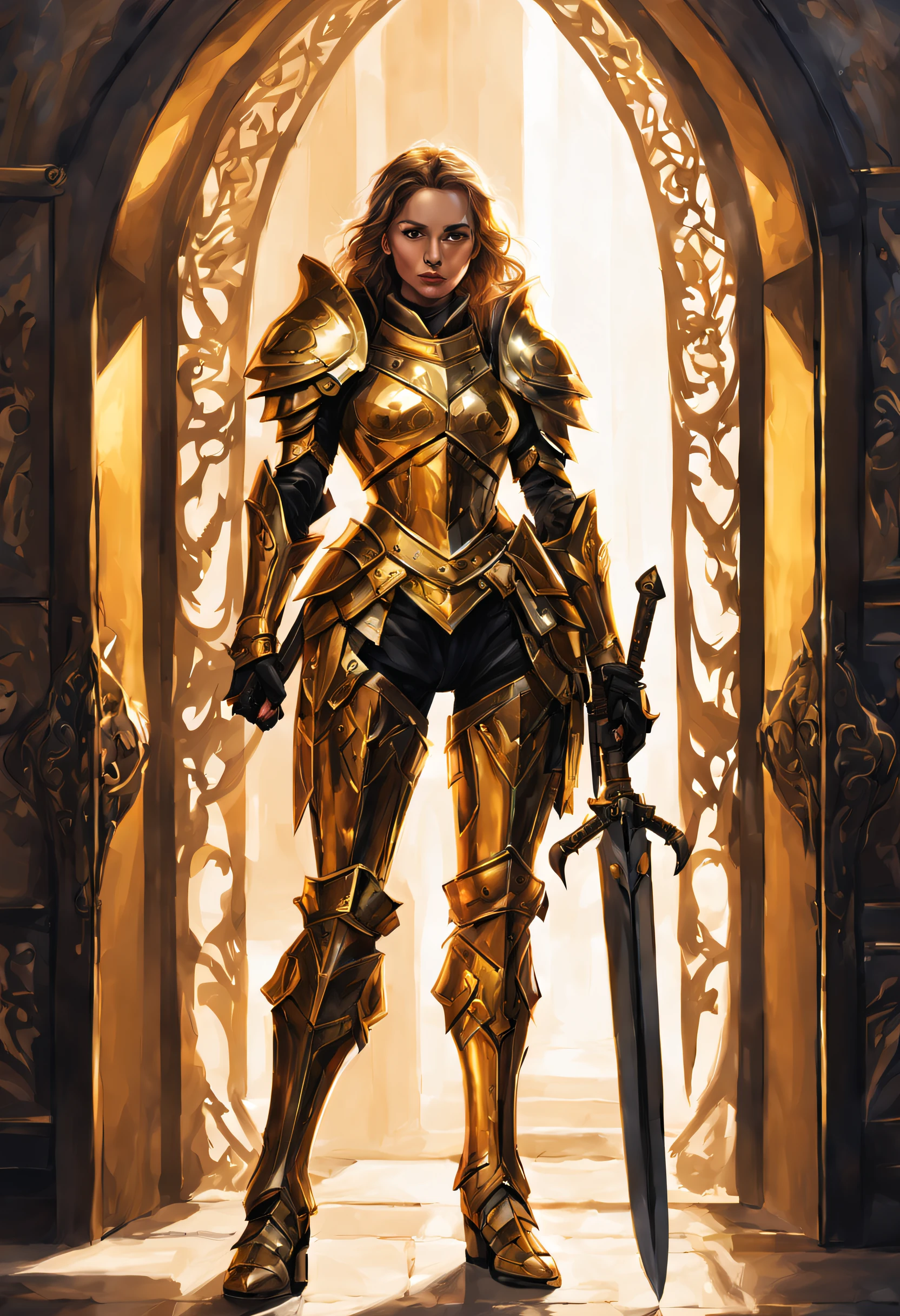 girl in armor standing in a doorway with a sword, fantasy art, armor girl, female paladin, gorgeous female paladin, gold obsidian armor, portrait of female paladin, black and gold armor, black and golden armor