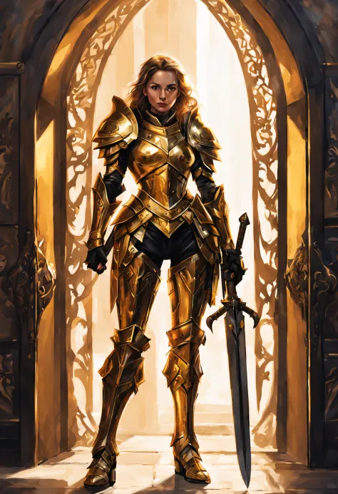 girl in armor standing in a doorway with a sword, fantasy art, armor girl, female paladin, gorgeous female paladin, gold obsidia...