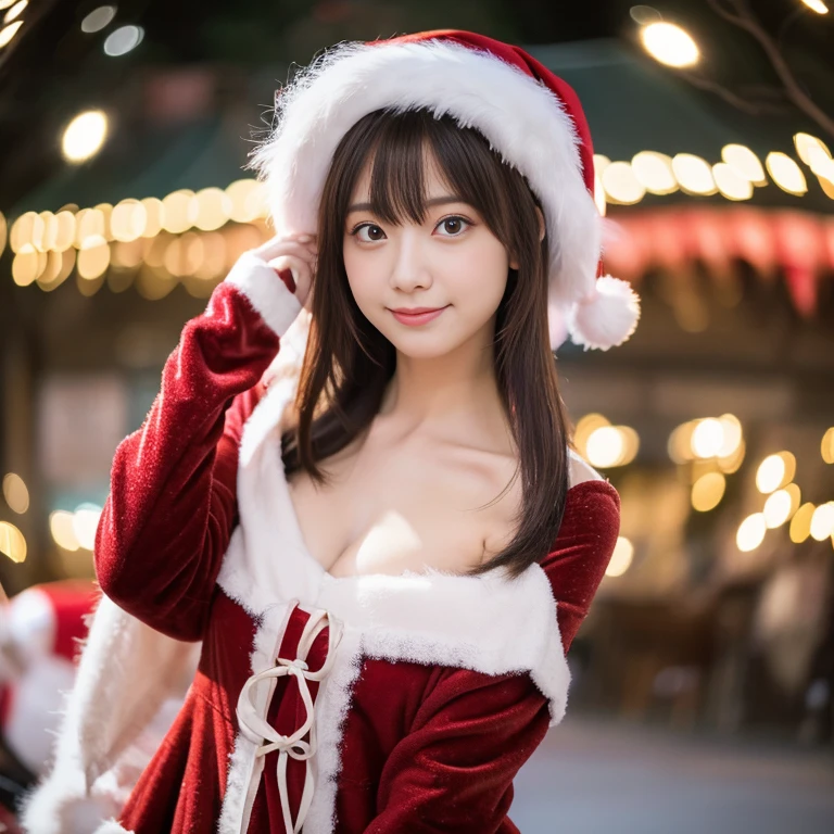 tre anatomically correct,Masterpiece of,High image quality,(Red costume),(Cute Santa Claus costumes:1.5),(The material of the costume is fine velvet:1.4), (The white fur part of the costume is mink, Accentuate the fluffiness:1.4),(Random posture:1.4),Professional Lighting,The ultra-detailliert,High quality textures,High quality shadows,depth of fields,Ray traching,Christmasツリー, Christmas,Fun atmosphere,Twinkling lights,Cozy,romantic,Cheerful,Warmth,Happiness,Magical,Holiday spirit, Ultra-realistic capture, Highly detailed, 人間の皮膚のhight resolution16kクローズアップ,Skin texture must be natural, Detailed enough to finely identify pores. Skin should look healthy, In a uniform tone,(Best Quality,4K,8K,hight resolution,masutepiece:1.2),Ultra-detailed,extremely detailed eye and face,Beautiful detailed eyes,Beautiful detailed lips,long eyelashes,(Realistic),Photorealistic:1.37,japanes,fine-grained white skin,beautiful and magnificent composition,masutepiece,Attractive,Cute,silky smooth and straight hair,Sharp Focus,Natural smile,(with round face),(healthy thigh body photo),(Full-body photography from a distance:1.4),((Silver hair color)), 
,(JR博多駅のChristmasマーケット),(natta),(Lit up)