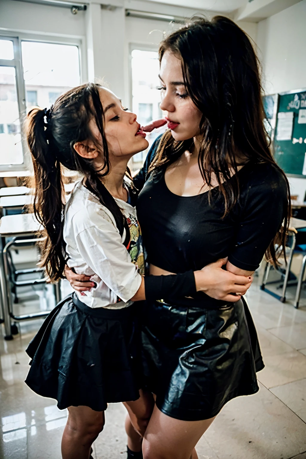 There are two girls in a school room one is licking the other - SeaArt AI