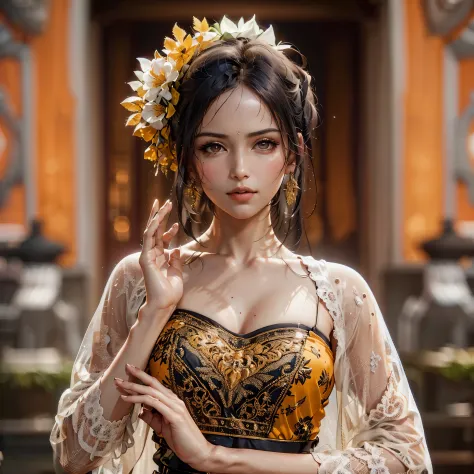 there is a woman in a yellow dress and a flower in her hair, beautiful digital artwork, beautiful render of tang dynasty, inspir...