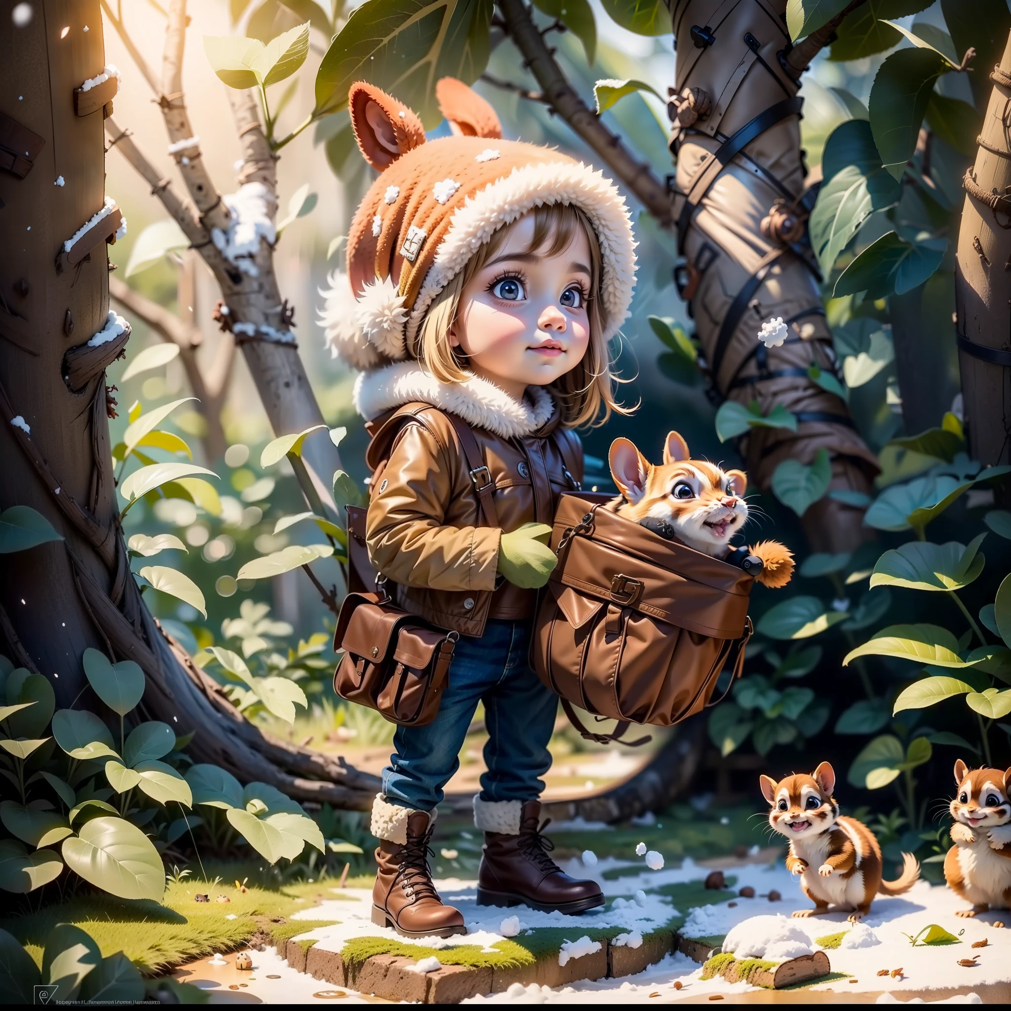 chestnut people an acorn figure and a chipmunk  a young blond woman in winter clothing looking at camera with snow falling, beautiful digital artwork, realistic digital art 4 k, perfecteyes eyes, SAM YANG, 8k resolution