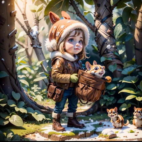 chestnut people an acorn figure and a chipmunk  a young blond woman in winter clothing looking at camera with snow falling, beau...