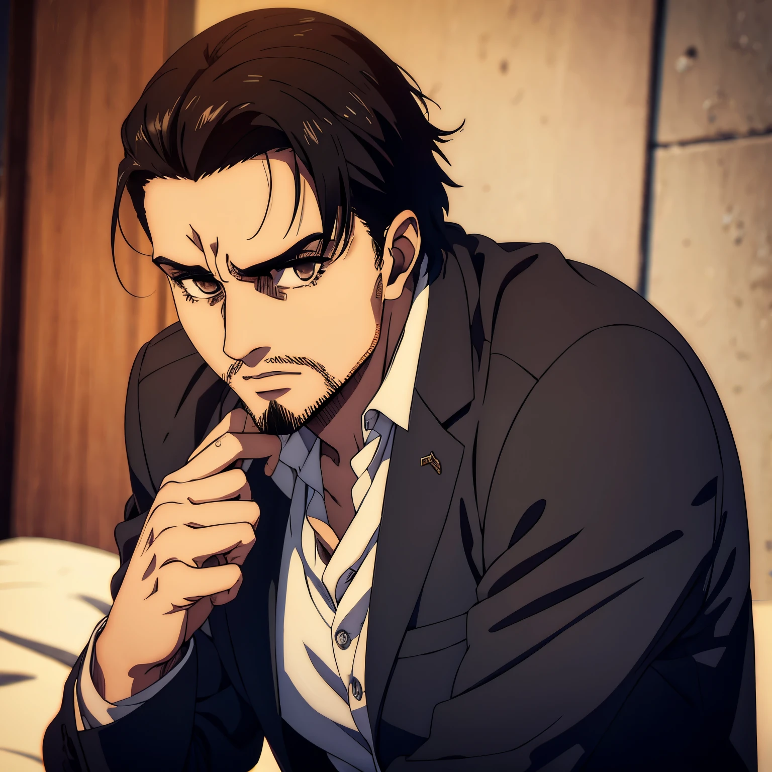 Teen male character with brown eyes and  short black  hair in the Mappa art style. He is depicted in a grey shirt. He has short beard  in extended goatee style .He is also suit. He is also fair. The artwork should have the best quality, with ultra-detailed and realistic features. The color palette should be vivid, and the lighting should emphasize the character's facial structure and expression.