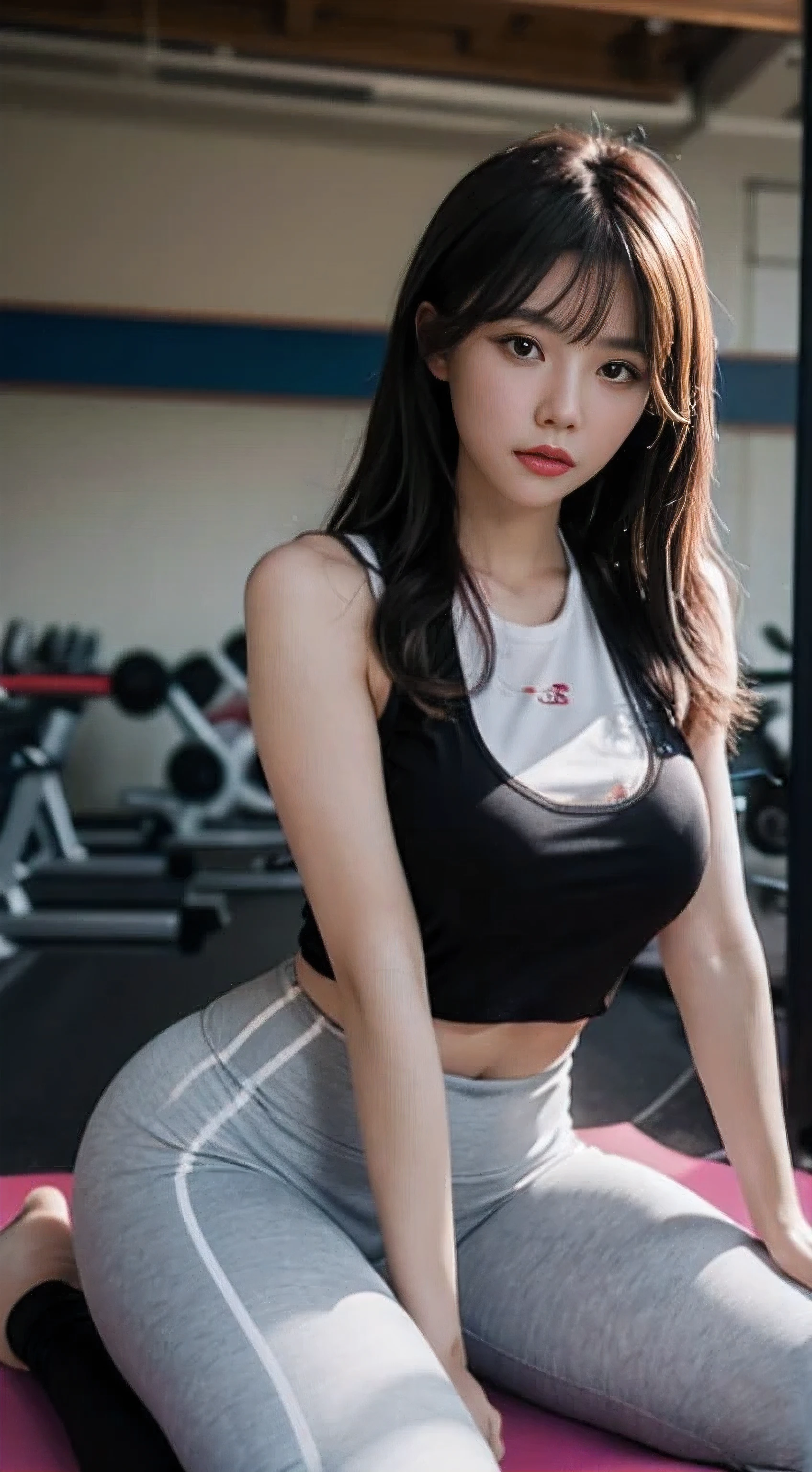 A Chinese woman in gym equipment, fluffy hair, delicate face, bright, real girl, large aperture, wearing tight yoga pants, tight trousers, wearing a nine-point yoga vest, round neck vest, macro shooting, slightly fat, plump, sexy, looking at you, good-looking eyes, very plump, very big breasts,