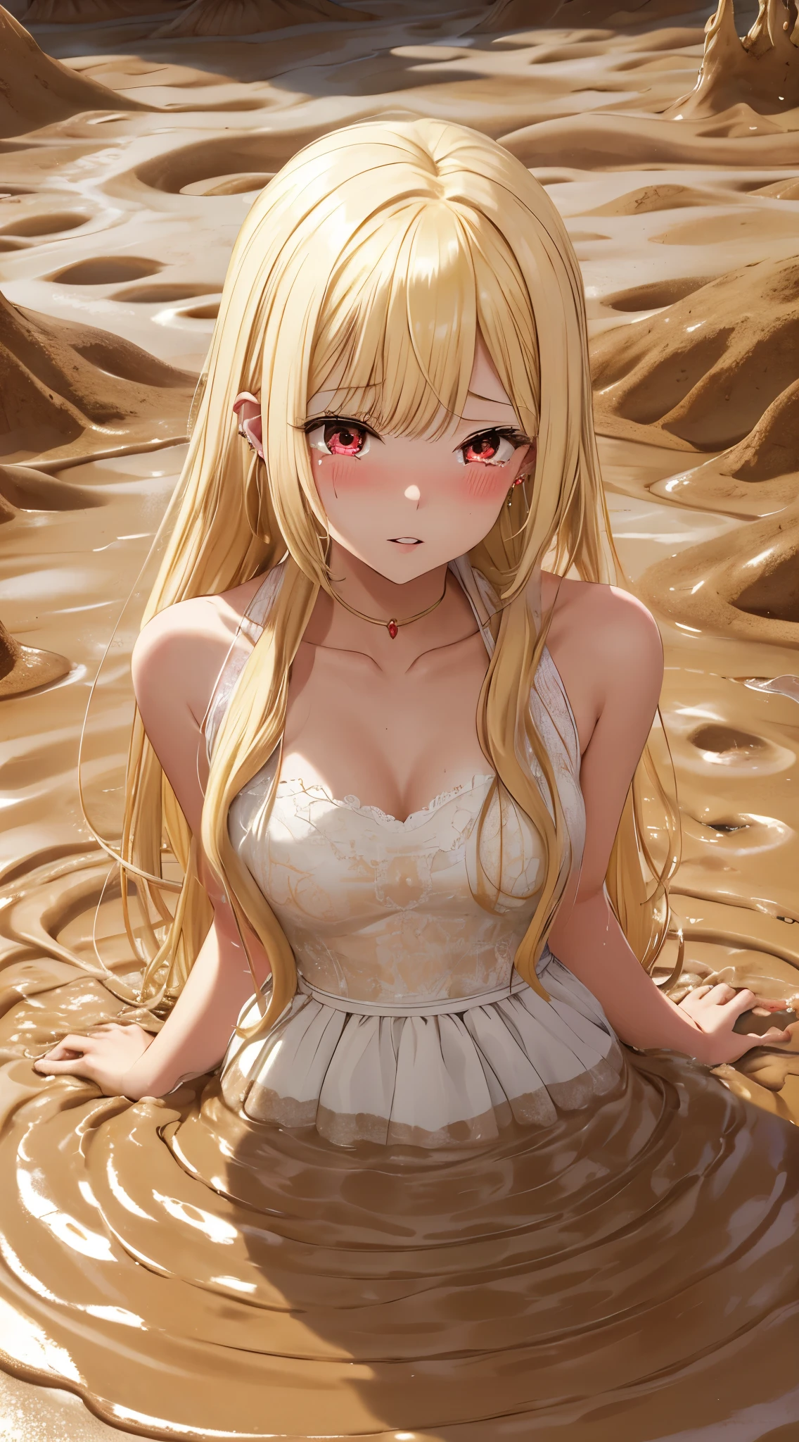 masterpiece, best quality, highres, kitagawa marin, 1girl, blonde hair, long hair, swept bangs, gradient hair, red eyes, jewelry, earrings, piercing, wedding dress, glossy lips, garden, (quicksand:1.3), crying, tears