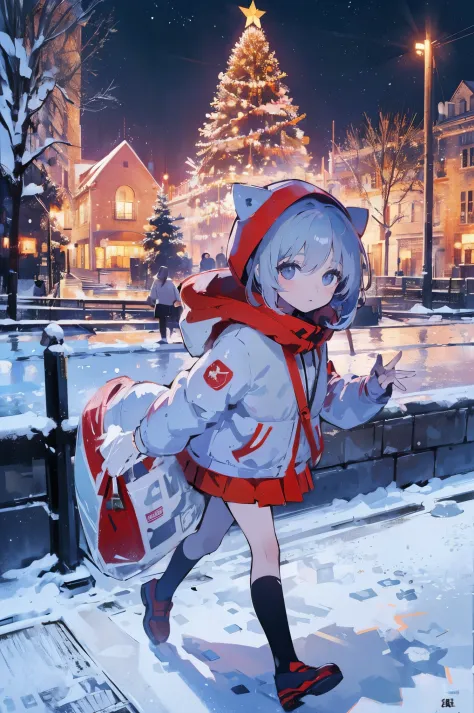 (​masterpiece、top-quality、Official art:1.2)、Look at viewers、(little kindergarten girl))、（Winter clothes，colorless hair）（nighttime scene）（With the cityscape of a flashy illuminated Christmas tree in the background），realisitic、(2D:1.5)