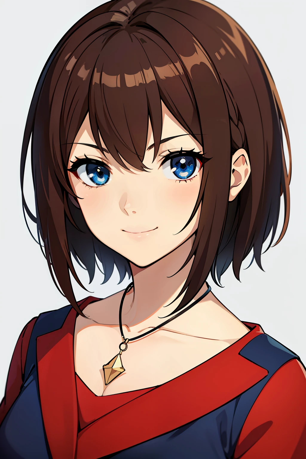 (high-quality, breathtaking),(expressive eyes, perfect face) portrait, 1girl, female, solo, adult woman, mum, age late 20's, brown hair, Heterochromia left eye brown and right eye light blue, short hair shoulder length, white ribbon in hair, gentle smile, loose hair, side bangs, looking at viewer, portrait, happy expression, modern clothing, red and blue jacket, red blouse, black jeans, small necklace shapped elegent, mature, height 5"6